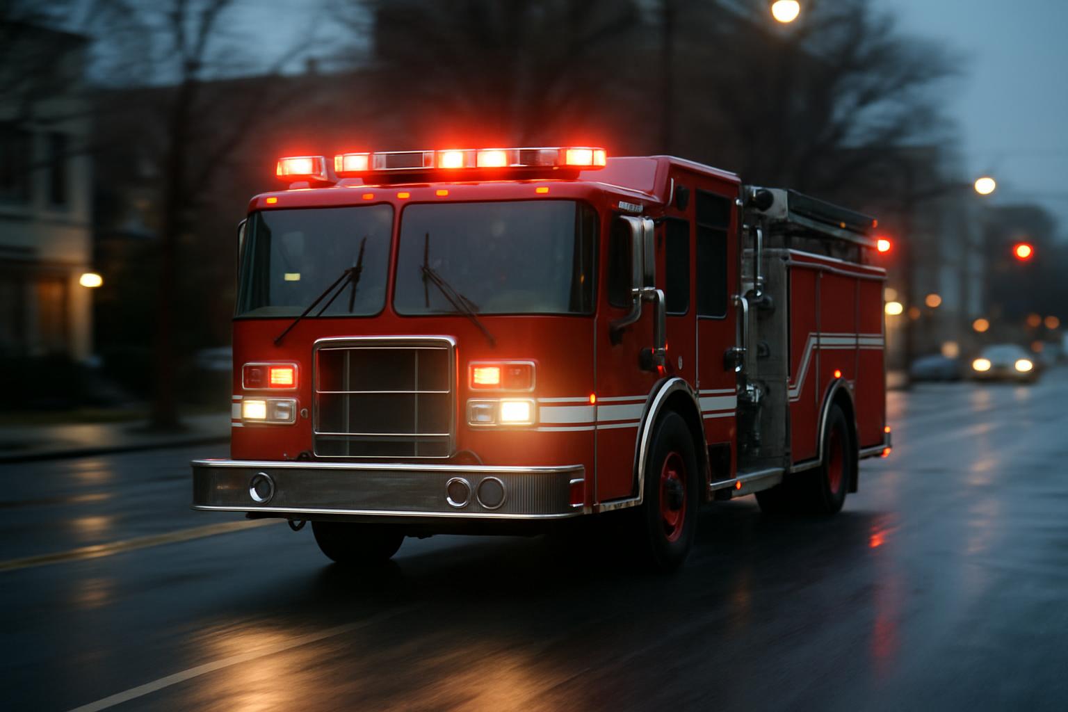 A fire truck on a downtown city street at dusk.