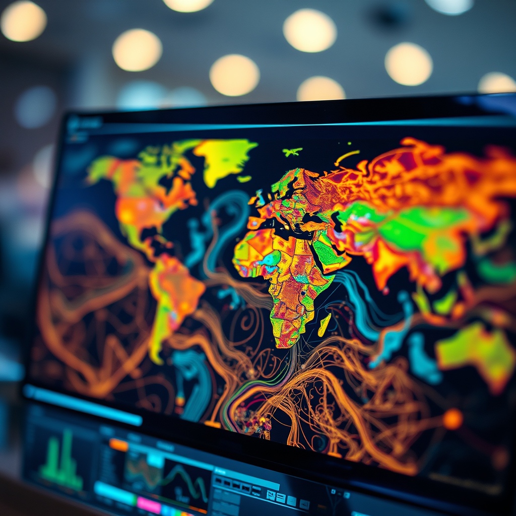 modern digital map visualization inspired by GIS technology, featuring colorful map layers, topographic lines, satellite overlays, and GIS data visualizations displayed on a digital screen