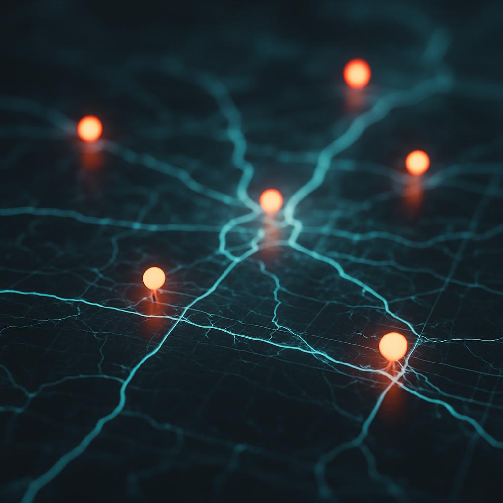 a map with glowing red dots and blue lines